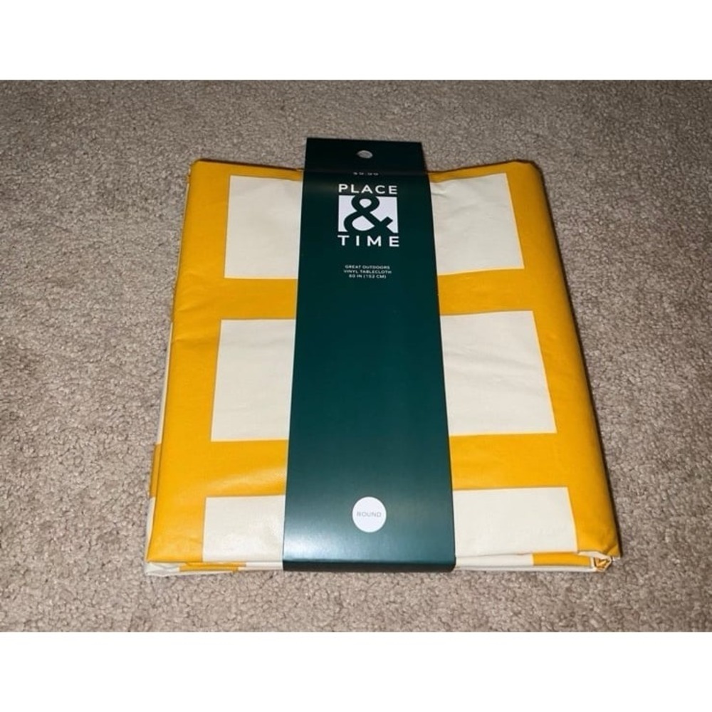 New place & time Great outdoor vinyl tablecloth round yellow plaid 60" inches